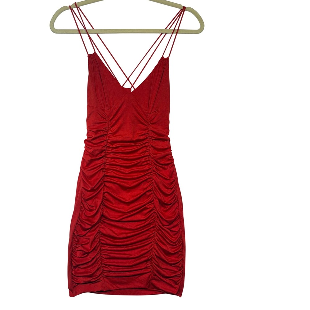 Hello Molly Red Ruched Mini Dress Bodycon V-Neck Strappy Cross Back A02460-red-8